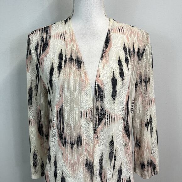 Chico's Travelers Collection Cardigan Coverup size 6 8/1 Pink Black Lace Fringe - Picture 2 of 8